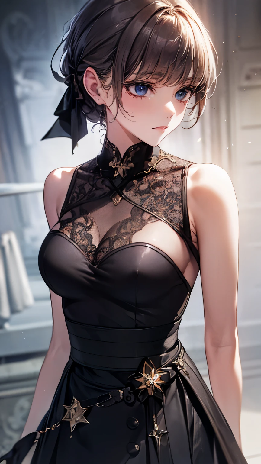 Medium size display,  medium shot,  depth of field, bust,  upper body,  cinematic angle, masterpiece, Best Quality, Super detailed, CG, 8K wallpaper, Beautiful Face, Delicate eyes, Alone, smile, bangs, skirt, shirt, Have, dress, bow, 