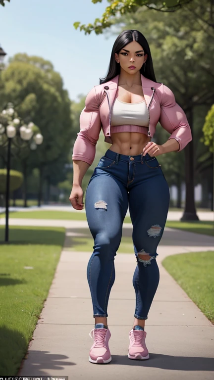 fullbody view, Ultra cute muscular nerdy woman, short hair, glasses, muscular shoulders, vascular physique, baggy sleeveless hoodie, shy cute lovely, sweatpants, oversized long baggy hoodie, ripped, shredded six pack abs, absolutely no body fat, perfect muscle definition, badass, breathtaking, gorgeous, gentle, headphones around neck, in park outside, ultra ripped shredded muscular sic pack abs, ((((veins everywhere))))