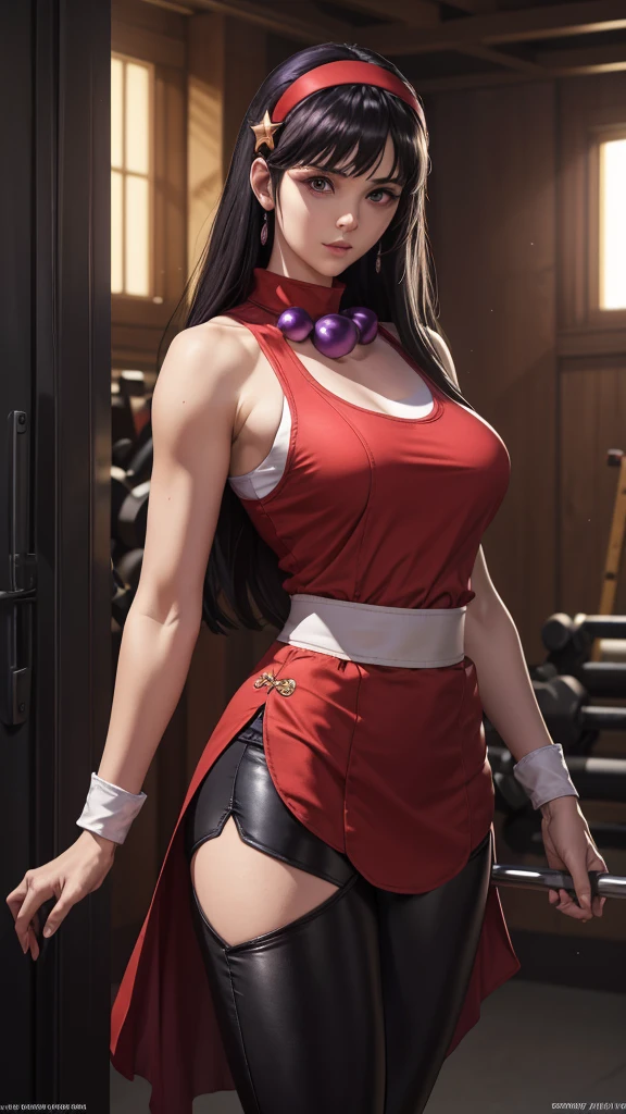 realistic 1.2, She is at the gym, academia, headband, long hair, purple eyes, headband vermelha, star, (symbol), hair ornament, red sports skirt ,  black legged pants underneath , hair ornament de star, big breasts, red tank top, fringe, big breasts, vfx (Visual Effect)  highlight intricate anatomical features in a perfect shape. sfx, complement visual art, immersing the viewer. The level of detail is inspiring,  with meticulously crafted intricate elements ,  Volumetric effects add depth and dimension , and the photorealism is unmatched.  The image is rendered in 8K resolution ,  ensuring super-detailed visuals ,  highlighting your beauty and aura in a supernatural way .  High Dynamic Range technology  (HDR)  makes the cores stand out ,  adding richness to the overall composition . Finally, this art presents an unreal portrait.