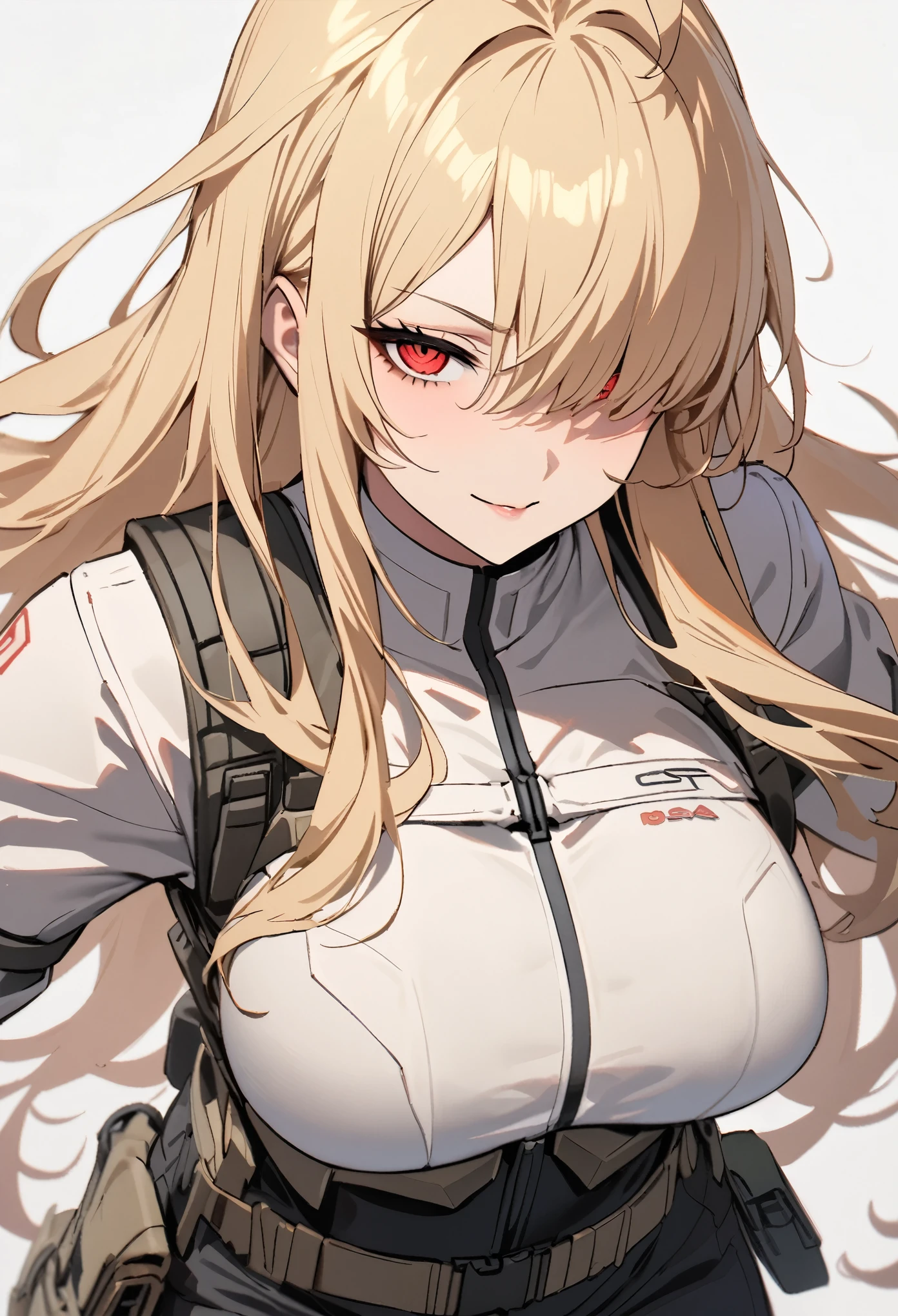 (high-quality, breathtaking),(expressive eyes, perfect face) 1girl, female, solo, mature, half open eyes, Alicization, Symmetrical Eyes, simple background, seductive smile, long hair, SAO inspired, maomao, armor, cowboy shot, medium full shot, light blonde hair, bangs, alluring red eyes, large breasts, hair between eyes, fluffy hair, half open eyes, hair over one eye, small Ahoge, pale blonde hair color, bright red eye color, straight hair, (NO braids in hair), cargo belt with holsters, Gun Gale Online, (black cargo shorts), gun holsters, military, ((light pink combat gloves)), pistol, (white leather biker jacket), dark grey tactical harness, tech wear, security equipment, cyberpunk, girls front line