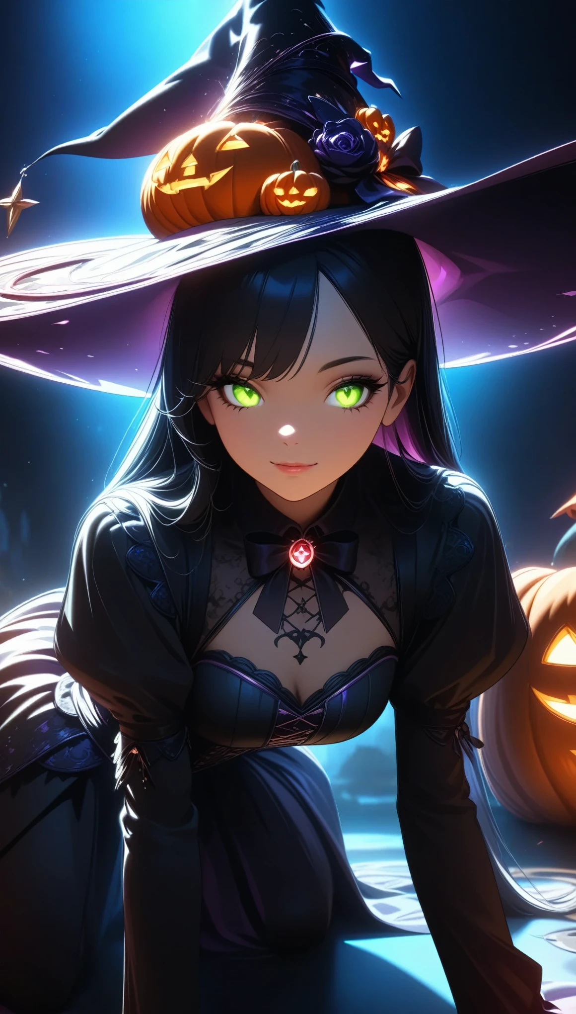  Halloween pumpkin patch, (1 girl), Detailed face and body,  beautiful detailed eyes,  Beautiful Detailed Lips ,  very detailedな目と顔, Long eyelashes), Black Hair,  long straight hair, A light smile, (( intricate costume with lace and ribbon , Witch Hat,  Magic effect on all fours, gothic victorian style , Glowing Costumes:1.2)),  face close-up,  Dramatic Moody Lighting,  dark color, Chiaroscuro, Cinematic composition,  beautiful witch in anime style , (Best Quality:1.2,  very detailed, Latest, Vibrant,  super high definition,  high contrast , masterpiece:1.2, Best Quality, Best aesthetics),