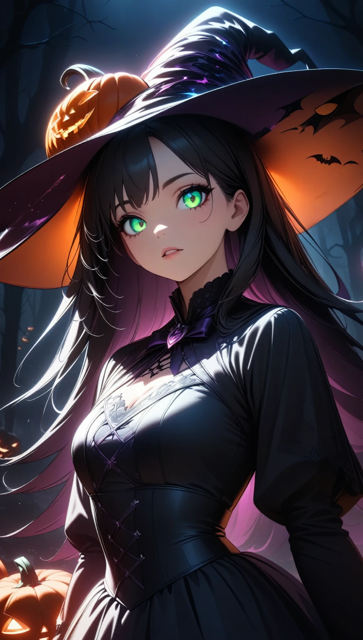  Halloween pumpkins 、 beautiful gothic witch 、1 Girl、Detailed face、Detailed eyes、 Beautiful Detailed Lips 、Porcelain Skin、Long black hair、Witch Hat、 black gothic dress 、Neon Color Magic Effects 、 mystical aura of magic 、Dark moody lighting、dramatic fog 、 Halloween Pumpkin Objects 、Dark forest background、(Best Quality:1.2,  very detailed, Latest, Vibrant,  super high definition,  high contrast , masterpiece:1.2, Best Quality, Best aesthetics),  dark fantasy art 、Cinematic lighting、Dramatic Shadows、  moody color palette 、 Dark Green and Purple Tones