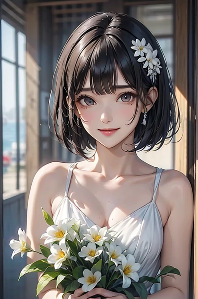 white、Ocean、Droopy eyes、Brown eyes on face、smile、1 female、Woman in a dress、Bob Hair、Detailed face、Beautiful Skin、((Highest quality))、mole、bouquet、bride