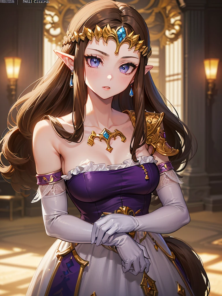 (((Face close-up))),((((Her hair is fluttering))))),(Expressionless),(((Please place your hand on your chest)))))),((Upper Body)),((alone)),((side angle))),Anime art style,masterpiece,(Highest quality), (Super detailed),(Very delicate and beautiful),(alone),(detailedな顔と目),Beautiful eyes like jewels,(A truly gorgeous jeweled ruffled rococo ball gown dress),(((Mature Woman,Queen))),((1 Queen in a beautiful embroidery and jeweled absolutely gorgeous rococo ballgown dress with voluminous full length hoop skirt)),((crinoline)),,((Straight hair galore,Very long straight hair with plenty of volume,Super long straight hair)),,Cleavage,(bed),length_gloves,Very gorgeous hair accessories、((((front)))),((((Adult Expressions)))),((((Beautiful Face)))),((((dress)))),(()),(((Long Hair)))),((((Straight hair)))),((Cleavage)),((((Dark brown hair)))),Princess Zelda,((chest is slightly exposed)), ((Highest quality)),,(Very detailed) ,((Purple Blouse)),(((Raking up hair with one hand))),Brown Hair,(()),, ((Highest quality)), (Very detailed),((detailed)),(((smile))),Nintendo, The Legend of Zelda),,((alone)), ((Highest quality)), (Very detailed), ,