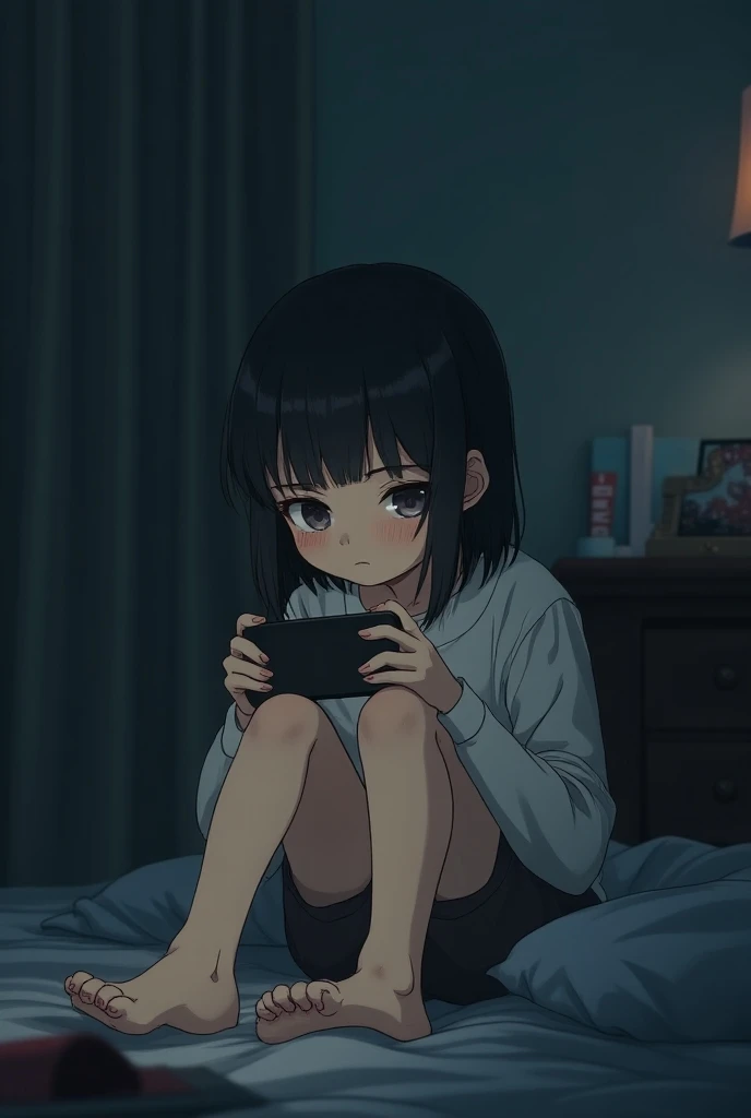 (unity 8k wallpape),(best quality),(high resolution),(ultra-detailed),(perfect anatomy),(beautiful detailed eyes),1girl,(Dimly lit motel room),((Sit on the bed:1.3)),Bedside table,((There are three one-dollar bills on the bedside table.:1.3)), BREAK Bought Girl,Unbelievable beautiful girl,15yo,blackhair,ponytail,Sailor suit,Navy Skirt,White socks, body,(Holding a smartphone in one hand:1.3),(Sit with your legs apart),(White panties),A tense look,Look down,The eyes are looking at me,Photograph the whole body, BREAK (On the table are three coins and a camera.),