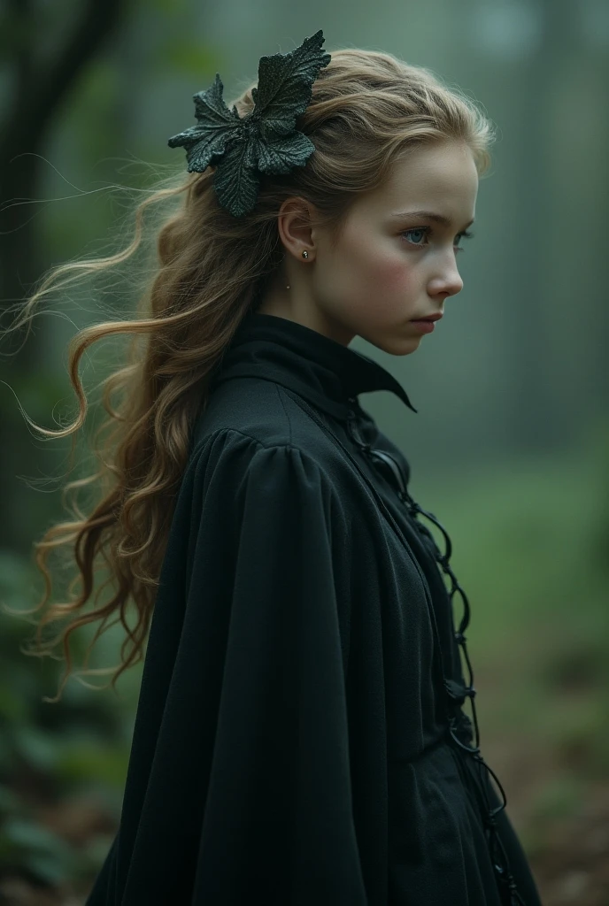 A 10 year old with long blonde hair and green eyes, Alone showing off in a Gothic-style photo, in with mini skirt. Naked.full