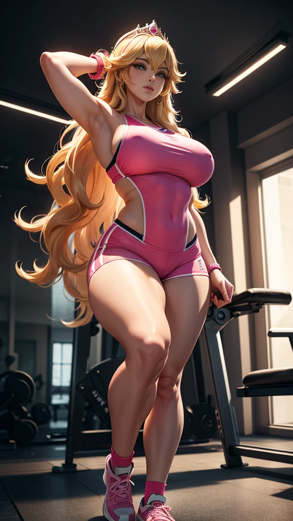 Gym, Princess Peach sexy, Arm raised upwards with hands behind head, Blonde hair, a crown, detailed eyes, She is at the gym, Gym filled with appliances , gym, shorts esporte lycra rosa, pink top,  pink sports socks, athletic body, big breasts,  highlights the intricate anatomical features in a perfect way. complement visual art, immersing the viewer. The level of detail is inspiring,  with meticulously crafted intricate elements ,  Volumetric effects add depth and dimension , and the photorealism is unmatched.  The image is rendered in 8K resolution ,  ensuring super-detailed visuals , highlighting your beauty and aura in a supernatural way.  High Dynamic Range technology  (HDR)  makes the cores stand out ,  adding richness to the overall composition . Finally, this art presents an unreal portrait.