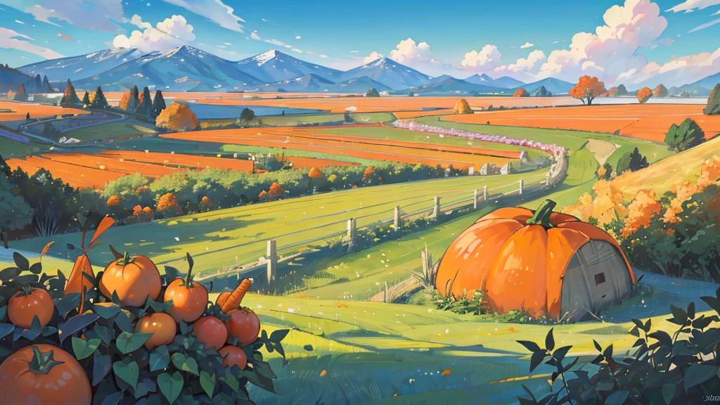 (masterpiece:1.2),  best quality,Pixiv,  High Resolution , Super detailed, Depicting only landscapes without people （1.7）No humans appear,Humans not included,
 in the gentle autumn sunshine 、 and richly grown crops spread out in front of the screen 。
 bright red tomatoes and orange carrots 、 and golden pumpkins catch the eye 、 fields overgrown with colorful leaves 。
 large sweet potatoes appear in the foreground 、Its presence stands out。In the background, there are calm mountains 々Spreading、 and white clouds are floating in the blue sky 。
This scenery is、 I feel the richness and beauty of nature before the fall harvest {x}。