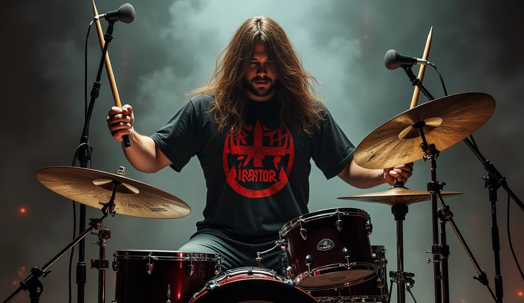 A moro men with a long hair and beard with a shirt logo GANGSTA METAL in a stage playing drums
