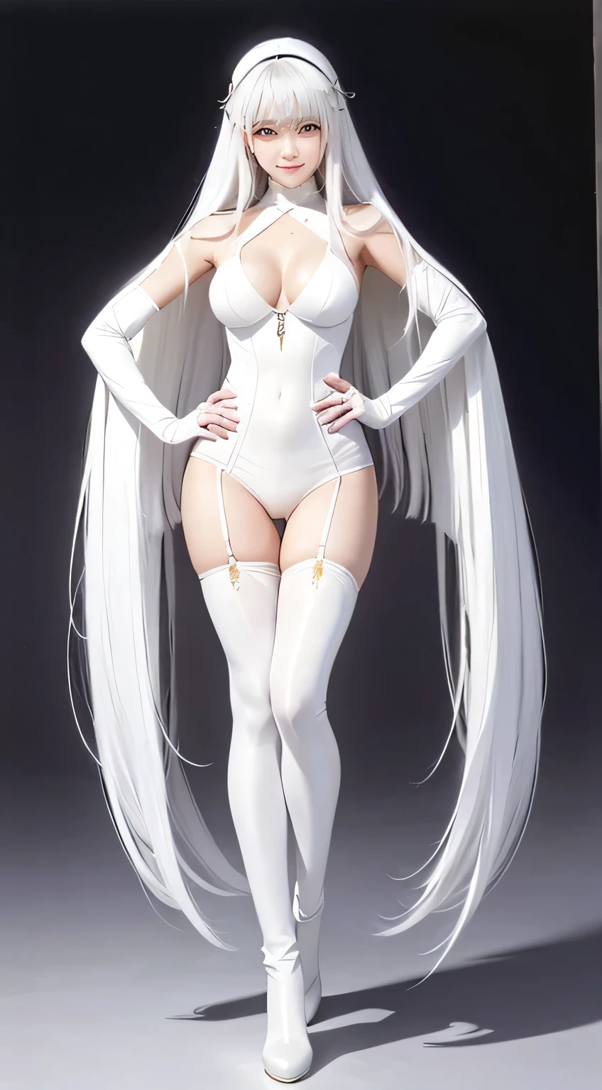 Full Body Shot、 standing、Long white hair、 White long tights  ， WHITE LATEX SUIT  、  ARAF wearing white knee-high boots,    WHITE SHINY LINGERIE   , latex Shiny, Atsuko Kudo&#39;Latex Costume, full-body xianxia,    WHITE LATEX COSTUME   , White leather clothing , skin, Japanese Goddess, Wearing latex, Shiny plastic,    Elegant and Glamorous Cosplay ,    Mortal Kombat Kitana    