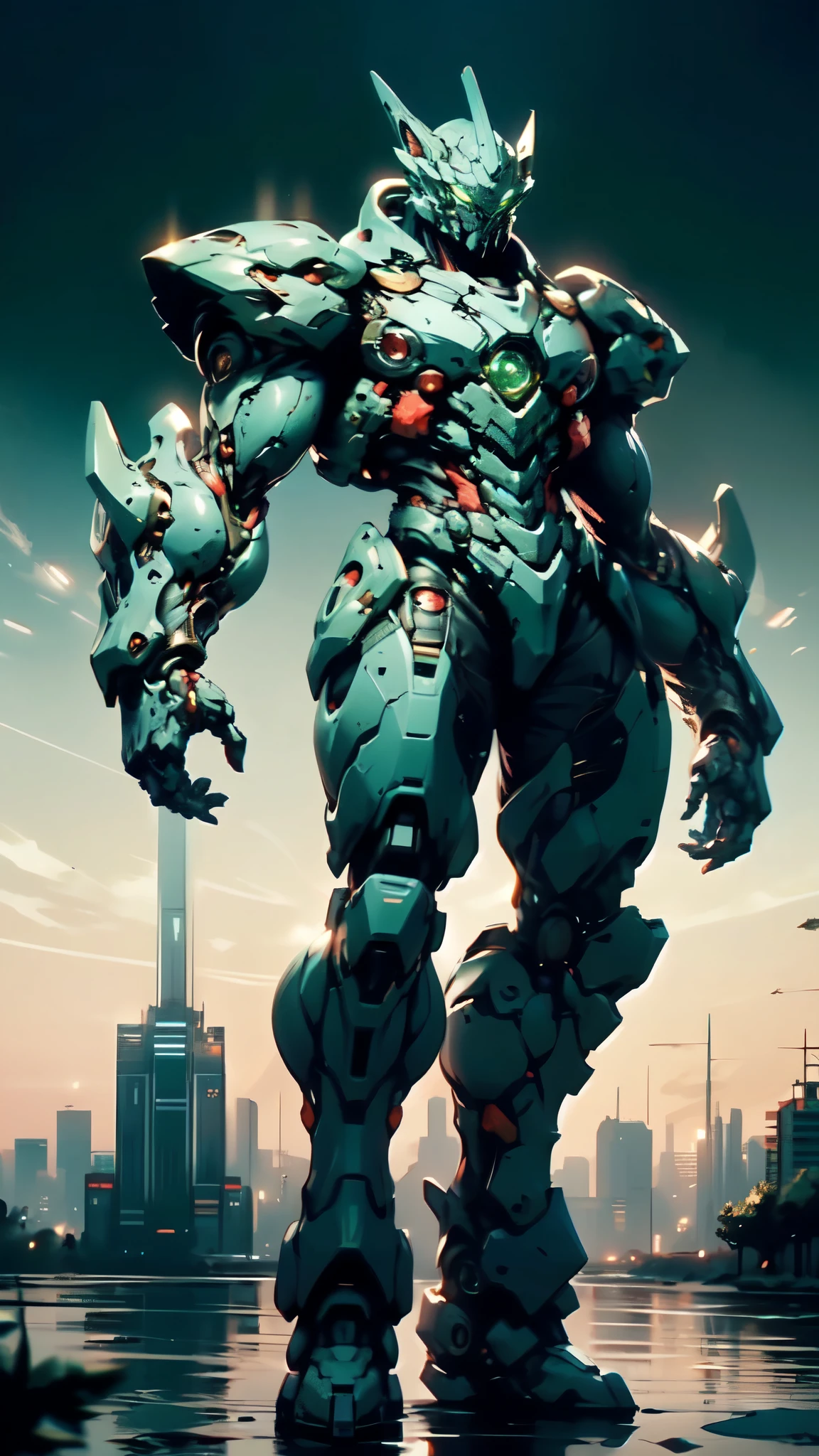 (masterpiece:1.5, best quality:1.5, extremely delicate:1.5), ((male:1.5)), Biomimetic humanoid Mecha, green eyes, fully enclosed shoulder guards, matching arm and leg guards, gemstone, full body, full armor, the design balances heavy with agility, organic biotech armor, (the color scheme is primarily White with Blue and Red accents, concept Inspired by Lion, glowing eyes, the armor glows), standing, floating high above the futuristic sci-fi city, exquisite and mature art style, metallic, dramatic, high definition, highres, ultra-detailed, ultra-fine painting, professional, anatomically correct, symmetrical face, extremely detailed eyes and face, high quality eyes, creativity, RAW photo, UHD, 32k, Natural light, cinematic lighting, (masterpiece-anatomy-perfect:1.2)
