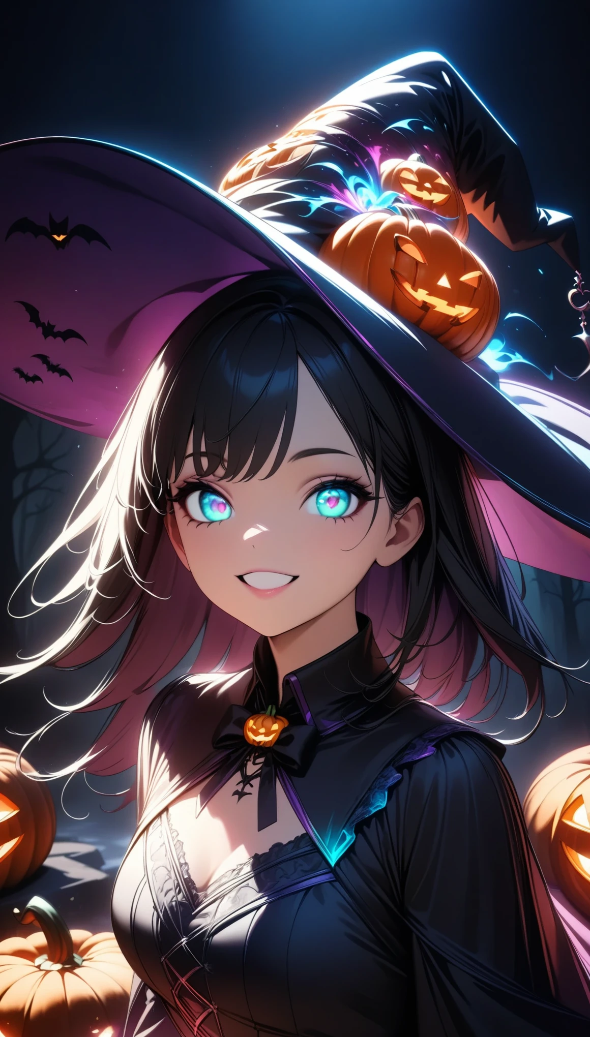  Halloween pumpkins 、 beautiful gothic witch 、1 Girl、Detailed face、Detailed eyes、 Beautiful Detailed Lips 、Porcelain Skin、Long black hair、Bright smile、Open your mouth、Witch Hat、 black gothic dress 、Neon Color Magic Effects :1.2、 mystical aura of magic 、Dark moody lighting、dramatic fog 、 Halloween Pumpkin Objects 、Dark forest background、(Best Quality:1.2,  very detailed, Latest, Vibrant,  super high definition,  high contrast , masterpiece:1.2, Best Quality, Best aesthetics),  dark fantasy art 、Cinematic lighting、Dramatic Shadows、  moody color palette 、 Dark Green and Purple Tones