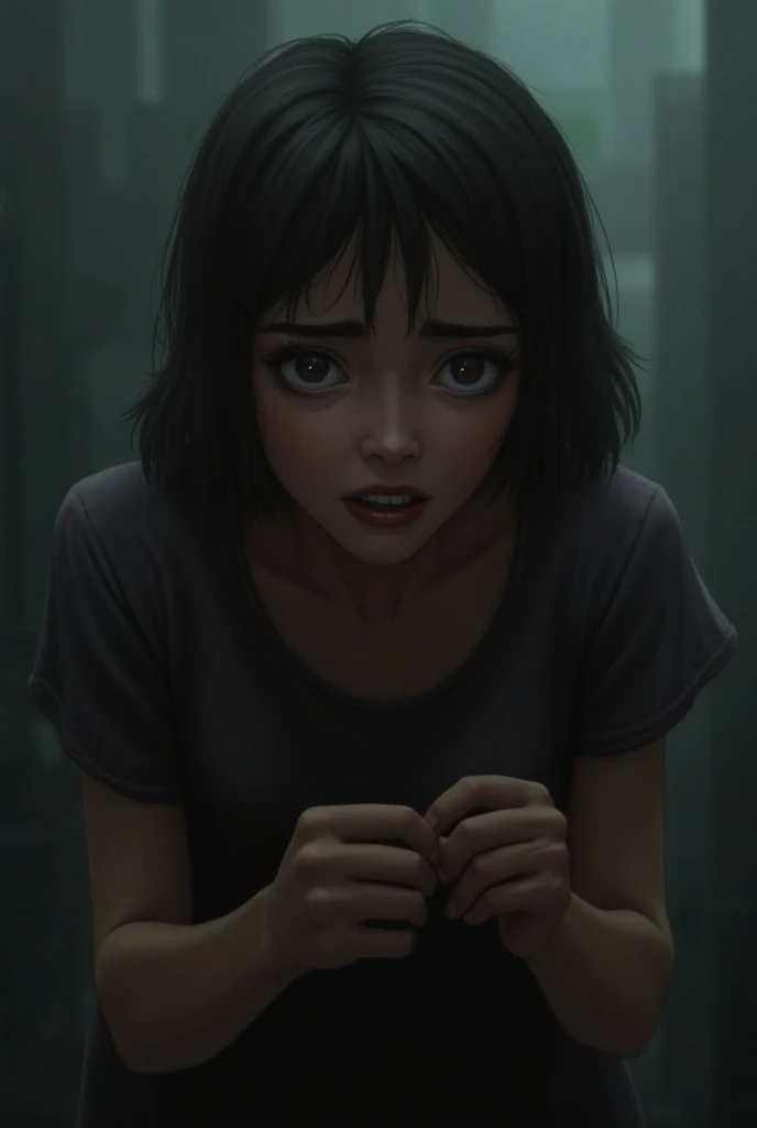 ((masterpiece)), (((best quality))), ((ultra detailed)), UHD, 8K, (((high resolution))), ((illustration)), ((semi-realistic)), (reflections), sharp focus, front lighting, intense shadows, ((beautiful extremely detailed eyes)), (extremely detailed and realistic skin texture)), ((extremely detailed and realistic eye texture)), (((insidious sly anticipatory look)), (cute beautiful girl), green eyes, (office shirt), (dark hair), short hair, bangs long, hair between eyes, (cinematic), realistic, (grunge style), ((right face beautiful ultra-detailed)) Jennifer Aniston