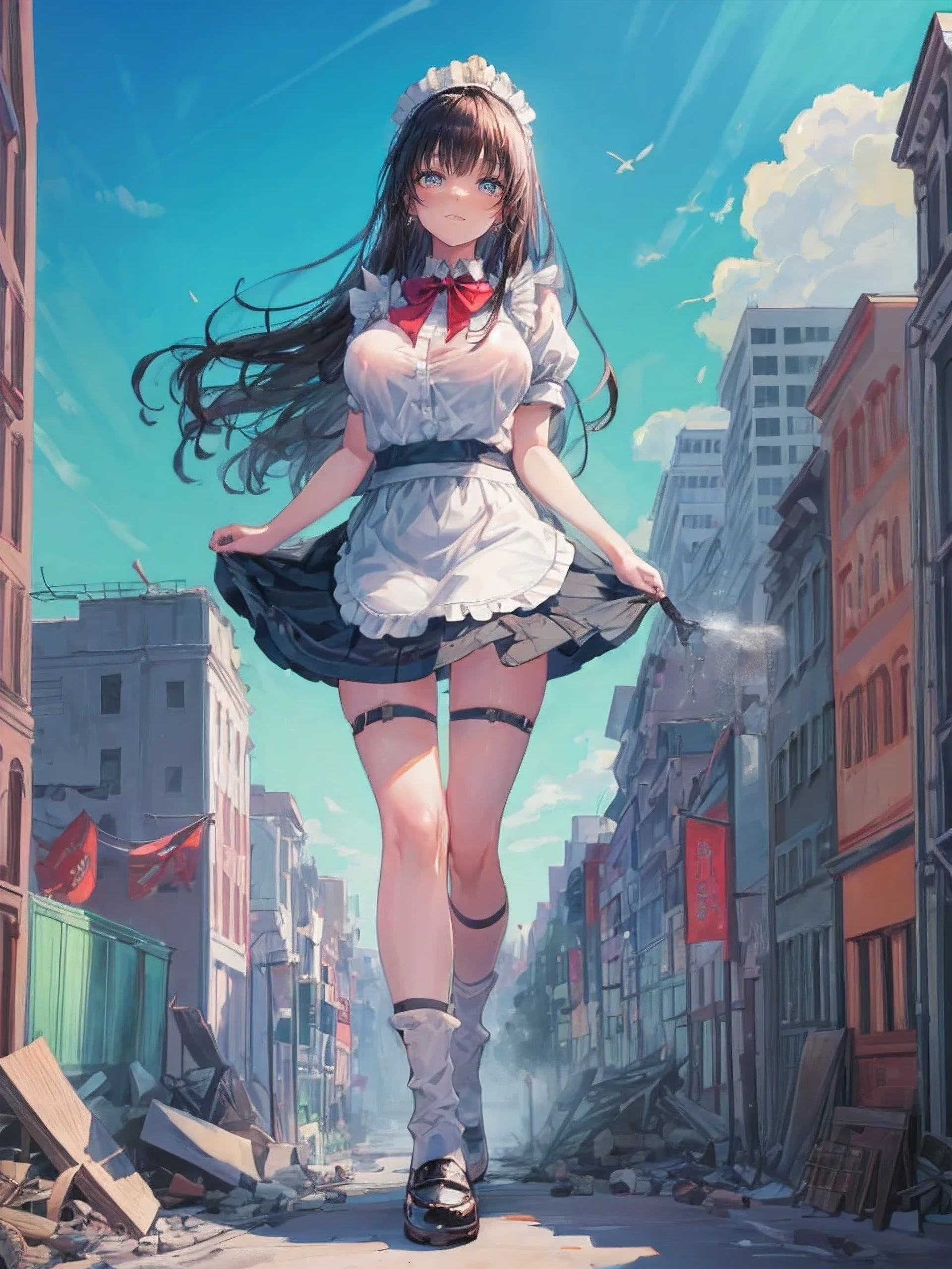 Clothes get torn、High qualityHigh quality、8k、Open your legs wide、GTS,Giantess、super huge maid、My clothes were torn、(Big Breasts)、((Plump thighs))、Looking at the camera、Embarrassed、Sweat it out、 composition ((Tall school girl)) (((Maid uniform)))、 Navy Blue Skirt tie (cloudy) ((灰色がかった空)) masterpiece anime style Delicate painting 4K 1990s giant crowd ((battlefield)) ((Destroyed metropolis)) ((Collapsed building)) ((Ruins)) ((Rubble mountain)) (()) ((inflammation)) crowd crowd ((((A girl in a giant swimsuit walking through the city valley))) White shoes clock Black Hair smile female giant giant girl Whole body crowdUnreal Engine,Clevis ,picture , earrings, Long Hair,Cute photos Beauty analog style whole body shoes