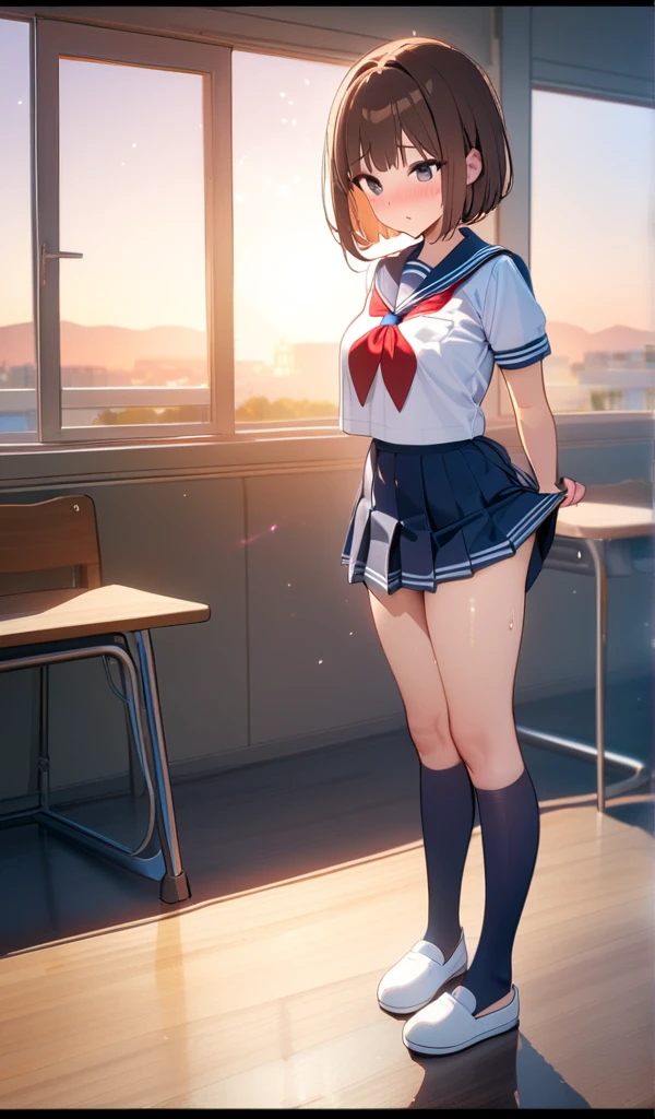 　(((Dark brown skin))) Azur Lane　Sailor suit　School Swimsuit　Beautiful tall woman　Black Hair　 sweat　(((folded ponytail)))　classroom　Love juice 　Hidden masturbation