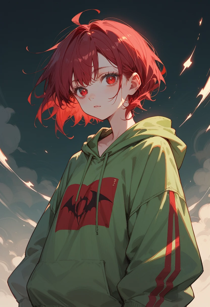 Green oversized hoodie demon Ruby eyes