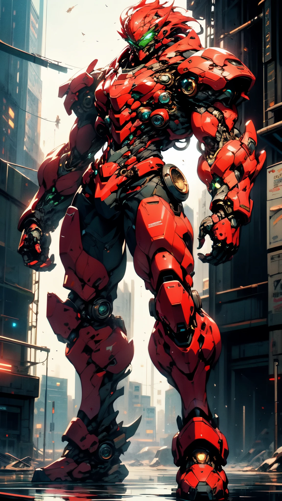 (masterpiece:1.5, best quality:1.5, extremely delicate:1.5), ((male:1.5)), Biomimetic humanoid Mecha, green eyes, fully enclosed shoulder guards, matching arm and leg guards, gemstone, full body, full armor, the design balances heavy with agility, organic biotech armor, (the color scheme is primarily White with Blue and Red accents, concept Inspired by Lion, glowing eyes, the armor glows), standing, floating high above the futuristic sci-fi city, exquisite and mature art style, metallic, dramatic, high definition, highres, ultra-detailed, ultra-fine painting, professional, anatomically correct, symmetrical face, extremely detailed eyes and face, high quality eyes, creativity, RAW photo, UHD, 32k, Natural light, cinematic lighting, (masterpiece-anatomy-perfect:1.2)