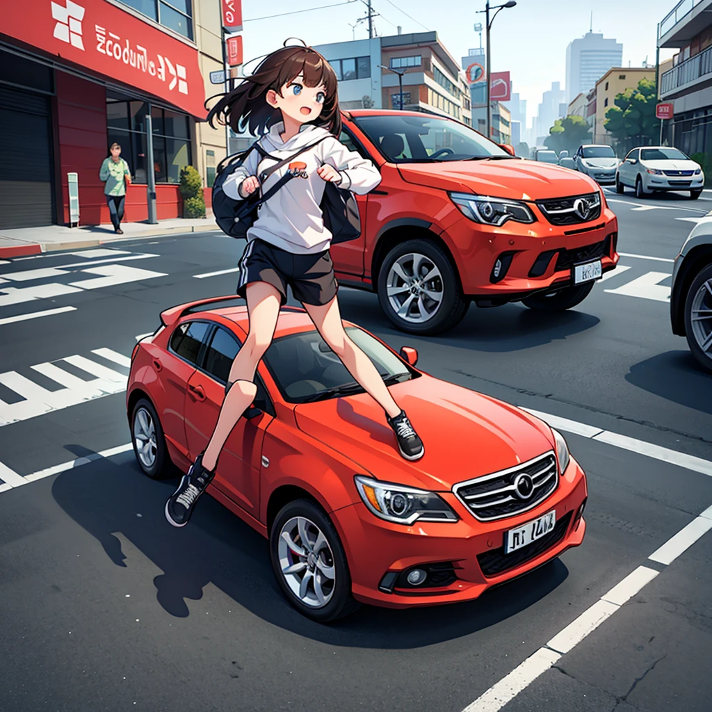 A girl carrying a car and running