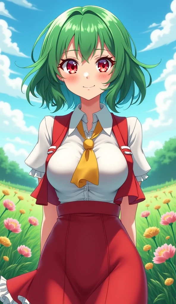masterpiece, best quality, ultra-high-detailed, heart pasties, 1girl,  solo,  Mion Sonozaki, green hair, green eyes, ponytail, white shirt, red necktie, yellow vest, red skirt,