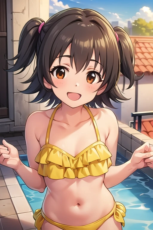 (masterpiece, best quality:1.2), illustration, (1girl, solo), big smile, indoor rooftop poolside, gold bikini, Akagi Miria