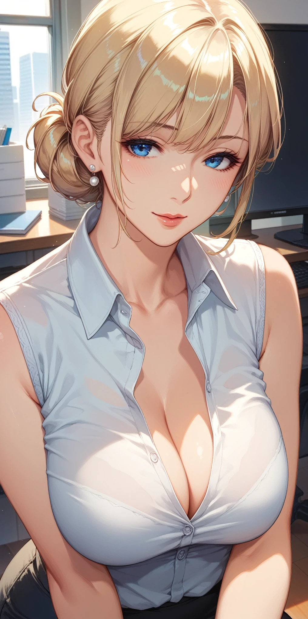 score_9, score_8_up, score_7_up, blonde, chignon hair, blue eyes, perfect eyes, anime milf, elegant mature woman, cool facial expression, office shirt, soft light, vibrant colors