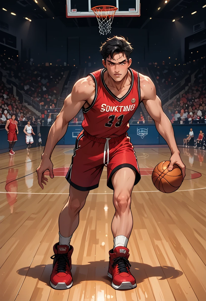 male, black, black hair, red jersey, basketball court, dunk