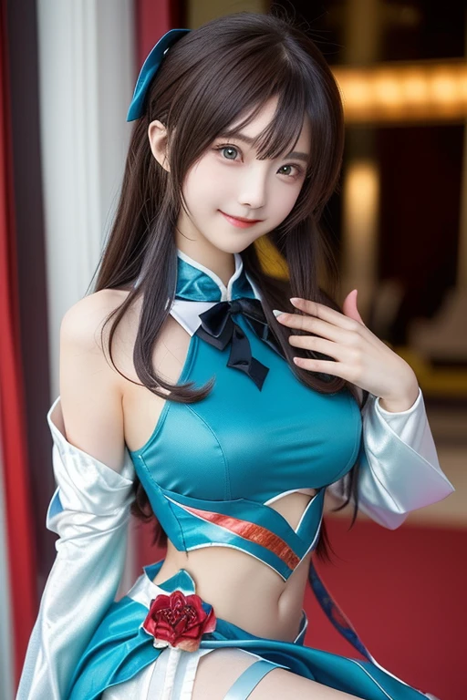 
araffe dressed in a Cosplay costume posing for a picture, anime Cosplay, anime girl Cosplay,  Cosplay, ornate Cosplay, Cosplayer, Cosplay photo, professional Cosplay,    Anime Characters、Looking at the camera、Detailed and beautiful eyes、Cute smile、A soft and gentle look