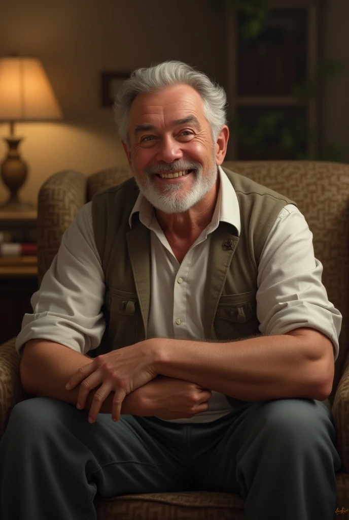 A wise gentleman with a complacent smile. He has full, gray hair and a short, well-groomed beard.. He wears a white shirt with gold buttons and gray linen pants..