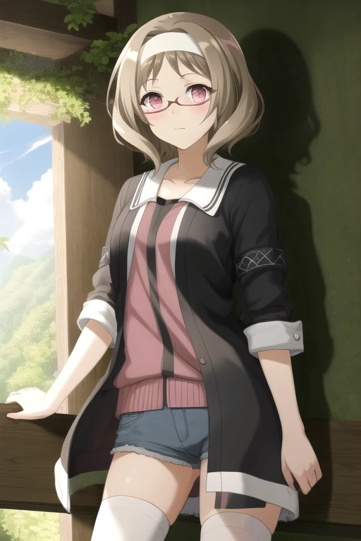 1girl, solo, glasses, (pink eyes:1.4), (glowing eyes:1.5), brown hair, short hair, black thighhighs, hairband, 
BREAK (nude, topless:1.1), black panties, glasses,
BREAK (blush:1.2), expressionless,
BREAK (standing:1.2),
BREAK (from front, cowboy shot:1.1), forest,
BREAK (illustration:1.1),
BREAK (masterpiece, best quality, ultra detailed, professional quality:1.2), (high resolution, textile shading:1.3), (caustics, ambient light, sunlight, hard shadows), (HD), rich contrast,