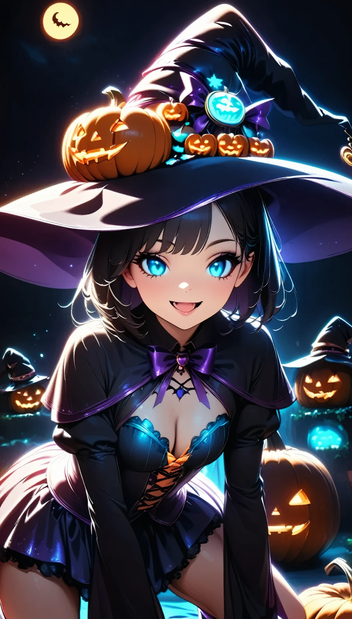 Halloween Witch,  Highly Detailed Portraits , Cinema Lighting,  Dramatic Atmosphere,  high contrast , Cool colors, Sharp focus, Chiaroscuro, Cute smile, Open your mouth, ((Witch Robe, Witch Hat)), Pumpkin object, Beautiful Texture, Intricate details, Short Bob, Beautiful Skin, Beautiful eyes, Long eyelashes, Sexual woman:1.2,  Spread your legs:1.2, Show your underwear, Enchanted forest background, Halloween Equipment , Attractive, Lewd Being.