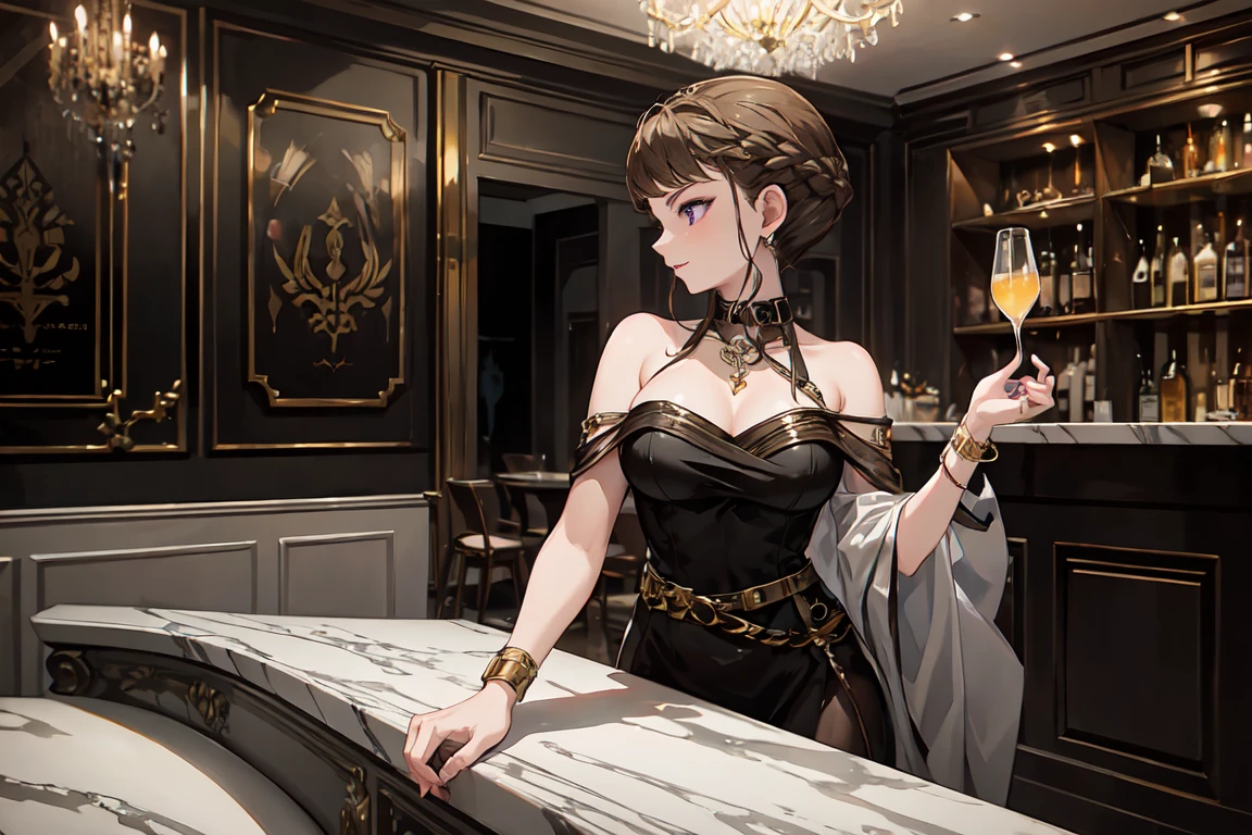 Art Deco Bar , Thank You, short hair, braided hair, brown hair, violet eyes,  Gold and Black Decor,  Vibrant Cocktails , Woman profile, Elegant dress, Marble Countertop ,  elegant atmosphere , Symmetrical composition