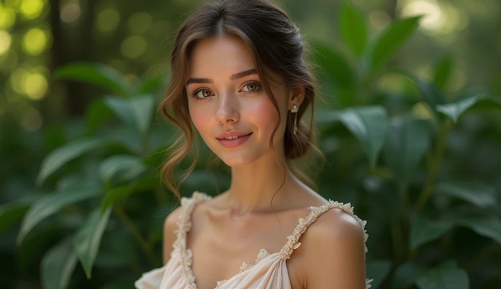 beautiful woman, photorealistic, 1girl, detailed face, beautiful detailed eyes, beautiful detailed lips, beautiful skin, seductive expression, sensual pose, elegant dress, flowers, garden setting, warm lighting, soft colors, cinematic composition, intricate details, highly detailed, 8k, photorealistic, masterpiece