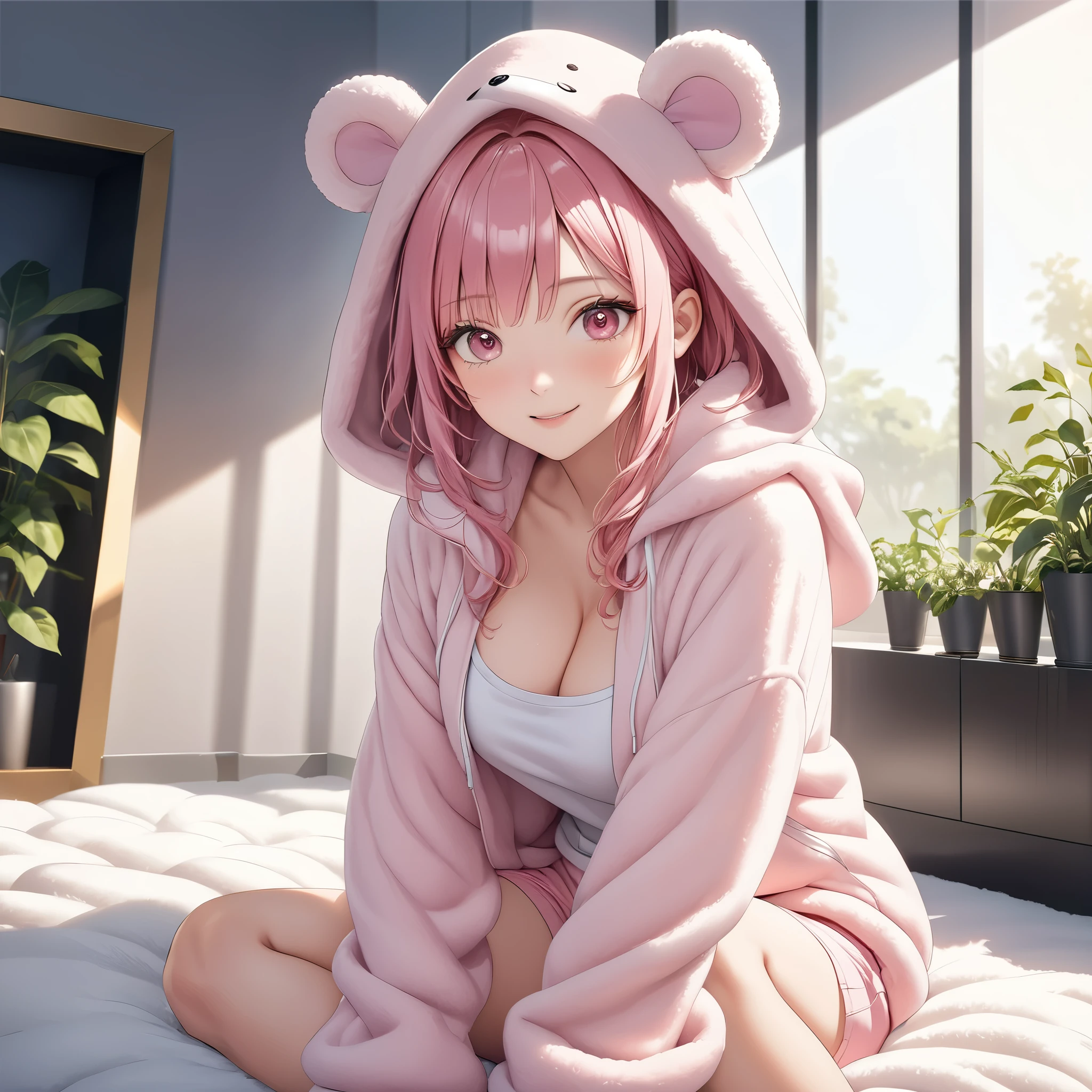 (8K, masutepiece, Best Quality, Official art, beautiful detailed, beautiful lighting, best masterpiece in history that exceeds limits), (1 Girl, Solo), (sixteen years old), (beautiful detailed face), (shiny white skin), (Beautiful big bust, cleavage, thighs:1.3), (beautiful detailed pink hair, Bangs, ribbon:1.3), (beautiful detailed drooping pink eyes:1.5), (gelato pique room wears, winter warm room wears, pastel pink fluffy warm brushed wool hoodie, fluffy animal ears pastel pink hood, loose long sleeves, overly long sleeves, pastel pink fluffy warm brushed wool shorts:1.3), (pastel pink fluffy loose kneehighs:1.5), (happy smile:1.2), (Attractive, sensational, looking at viewer, cute pose), (knees up:1.5), (no backgroun, simple white plain background:1.5),