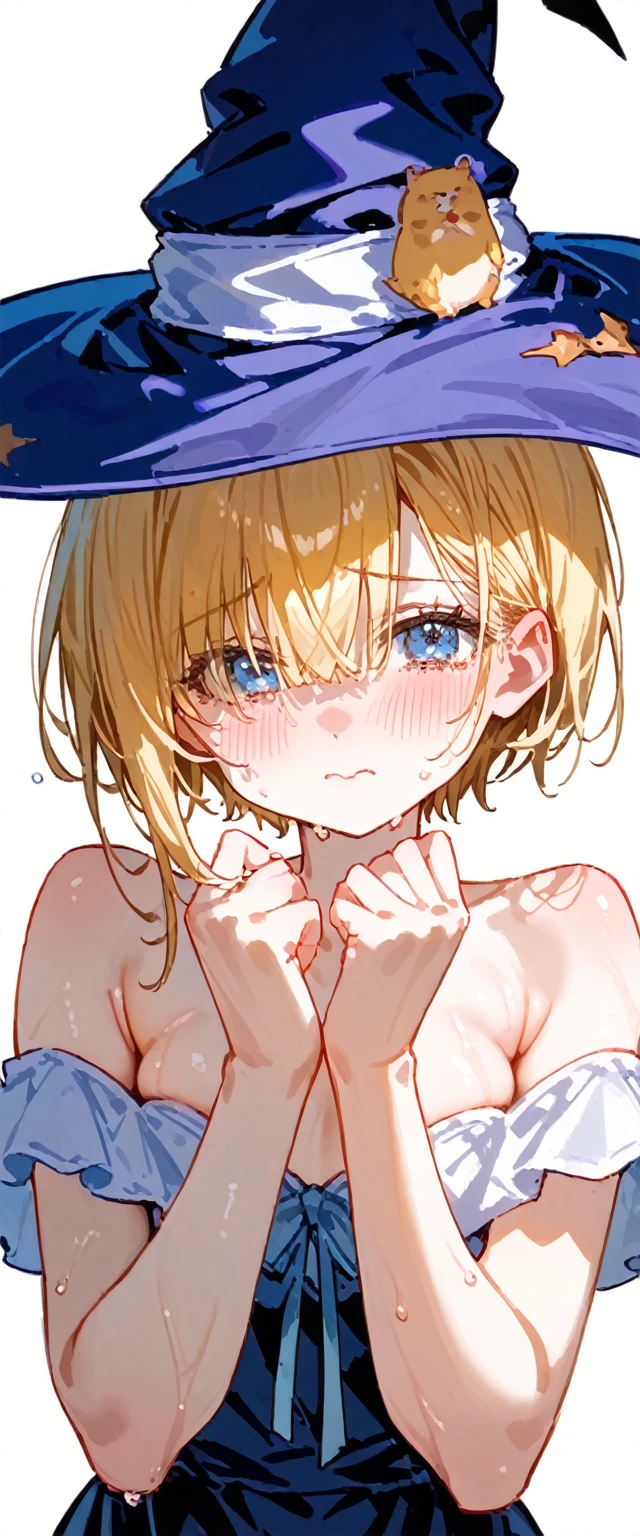 (((White background)))( High Resolution の傑作, 超 High Resolution , high detailed,  High Resolution モデル,  best quality:1.2)((Female middle school witch )) white skin,Oily, Sweaty skin, Blonde bangs,  highlight color hairstyle,Inner Color,  pixie cut, Super detaileded,  High Resolution , 8k,  beautiful blue eyes、detailed, 1 cute girl, Hair covering the eyes( Dictionary 1, ,Witch Hat)It's embarrassing to roll up