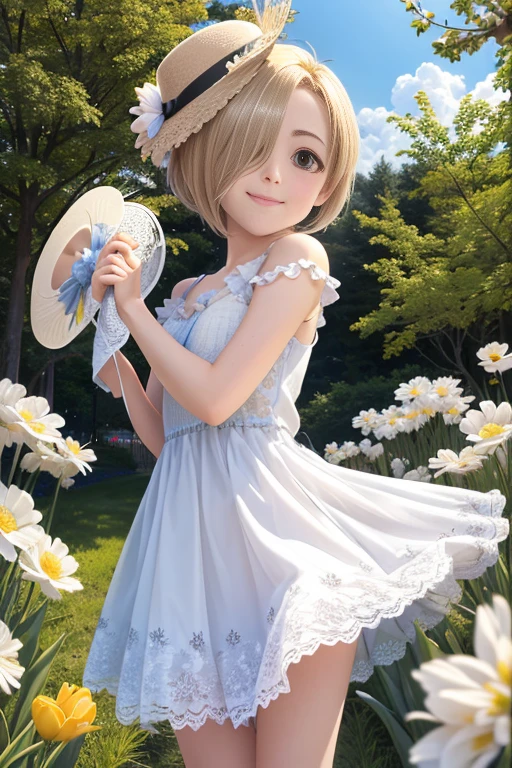 (8k, RAW Photos, Realistic, photo-Realistic:1.5), masterpiece,  best quality,  High Resolution ,  extremely detailed,  detailed background, Cinema Lighting, Dynamic Angle,  lens flare, dramatic,  1 girl, cute girl, Alone, wind,  White Hat, blue null, smile, Flying petals, flowery Field, null,  tulips , sun, Field,  Fractal Art , short hair,, Blonde, hair over one eye, short hair,  Brown Eyes ,  flat chest,(Hiding one eye),Hidden right eye,, (Perfect hands,  Perfect Anatomy),(５Finger)