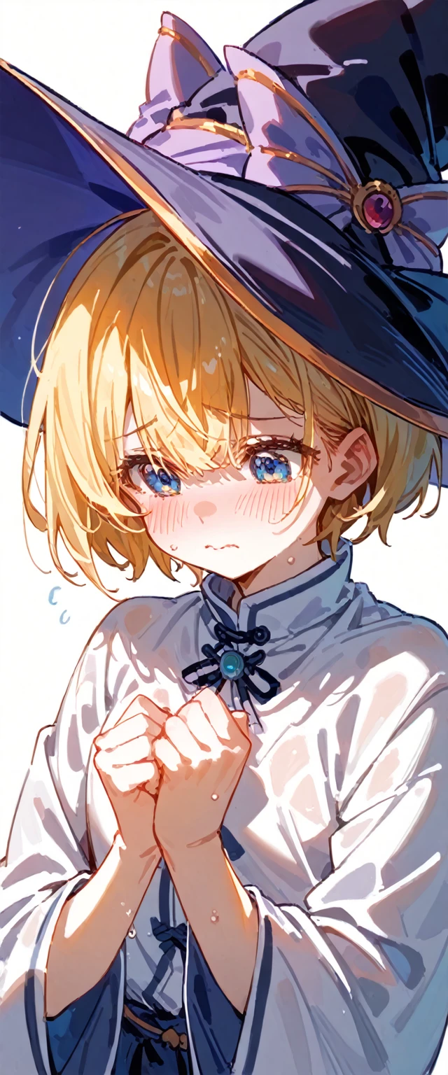 (((White background)))( High Resolution の傑作, 超 High Resolution , high detailed,  High Resolution モデル,  best quality:1.2)((Female middle school witch )) white skin,Oily, Sweaty skin, Blonde bangs,  highlight color hairstyle,Inner Color,  pixie cut, Super detaileded,  High Resolution , 8k,  beautiful blue eyes、detailed, 1 cute girl, Hair covering the eyes( Dictionary 1, ,Witch Hat)Embarrassed to be seen