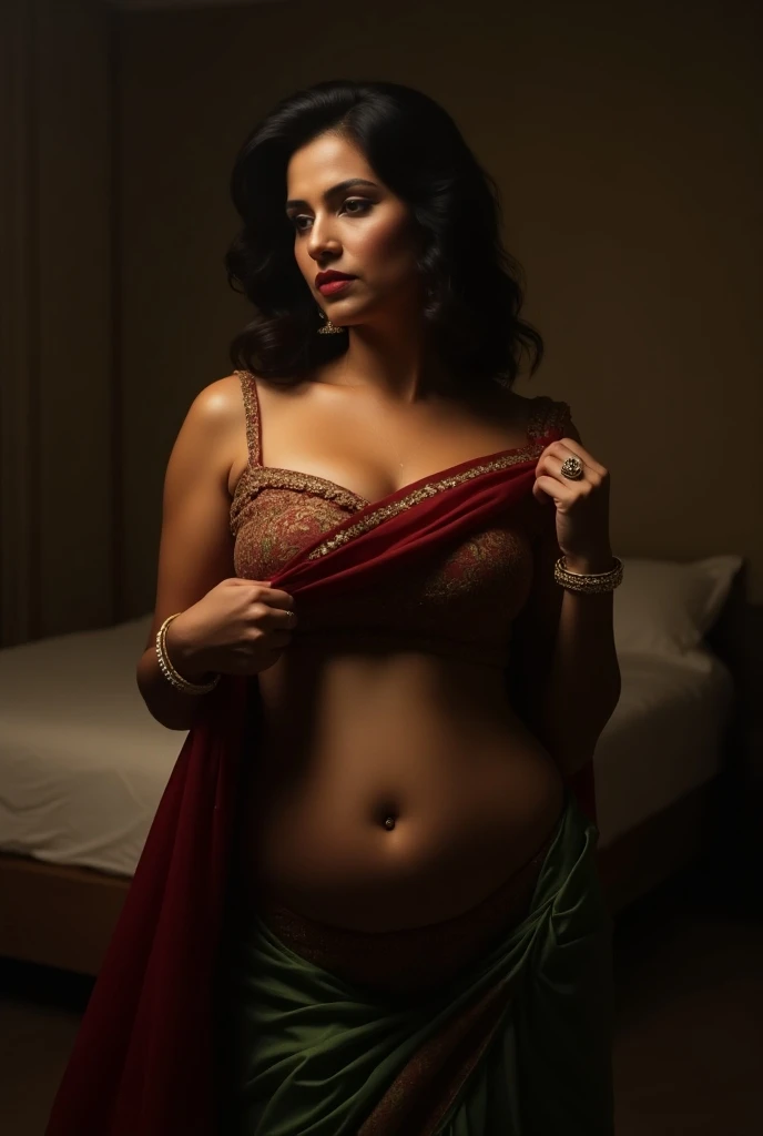 (Full body, editorial photograph of a 30 years old Indian woman), (highly detailed face:1.4) (smile:0.7) (background inside dark, moody, private study:1.3) POV, by lee jeffries, nikon d850, film stock photograph ,4 kodak portra 400 ,camera f1.6 lens ,rich colors ,hyper realistic ,lifelike texture, dramatic lighting , cinestill 800, waering a transparent saree with half sleeve blouse, chest open, deep navel, firm breast, light brown skinned, hourglass body shape, clevage, navel, black hair, loose hair, long hair, with a old indian man from behind toching her hip in one hand and grabing her breast in the other