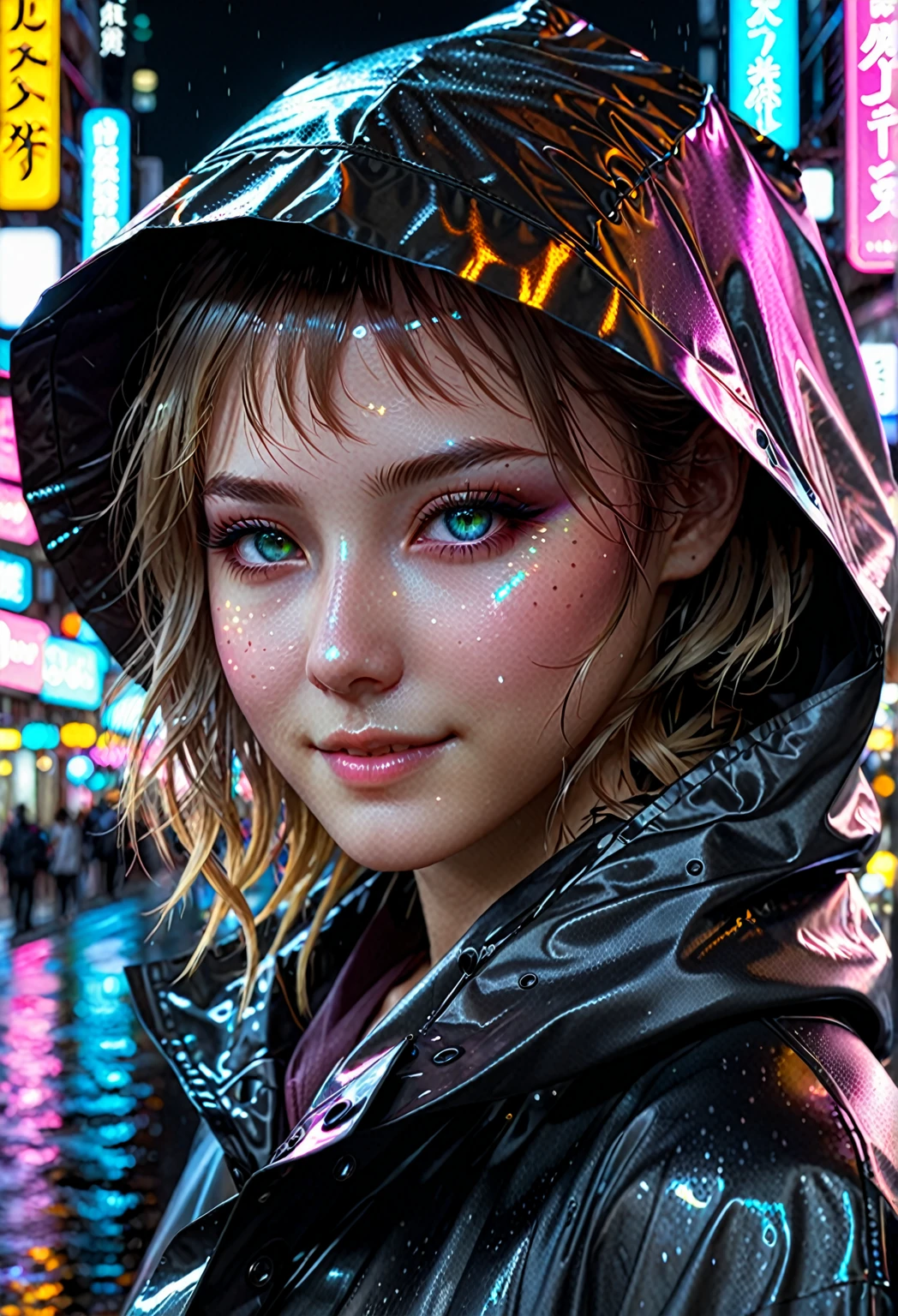 masterpiece, best quality, half body, portrait, night city, 1girl, anime, 3D, Japan, pixar, realistic, teen girl, smiling, cute face, harajuku fashion style, rain coat, beautiful, colourful, neon lights, cyberpunk, smooth skin, illustration, artstation, painting by stanley artgerm lau, sideways glance, foreshortening, extremely detailed 8K, smooth, high resolution, ultra quality, highly detail eyes, highly detail mouth, highly detailed face, perfect eyes, both eyes are the same, true light, glare, Iridescent, Global illumination, real hair movement, real light, real shadow, real face, hd, 2k, 4k, 8k, 16k, realistic light, realistic shadow, bright Eyes, fluorescent eyes, soft light, dream light