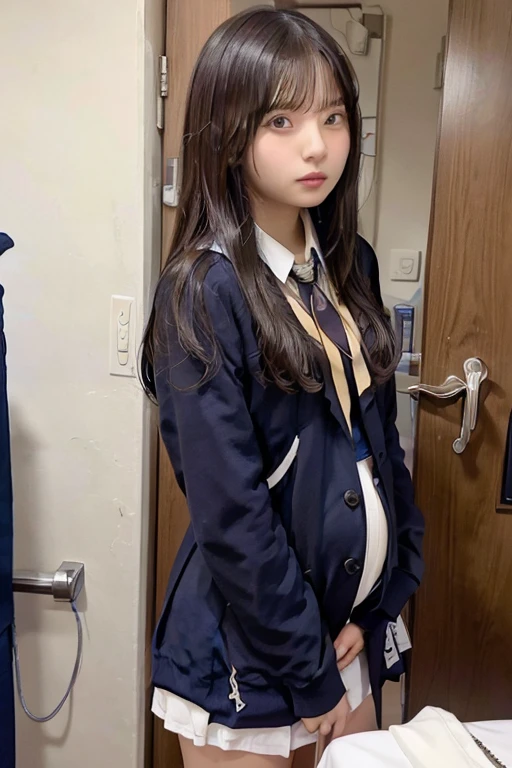 masterpiece, best quality, ultra highres, solo, (skinny body, thin body, narrow hip:1.3), narrow waist, skinny thighs, red eyes, sparkling pupils!, white hair, braid, hairclip, (gigantic sagging breasts, gigantic breasts:1.4), (school uniform, dress shirt, pleated skirt:1.7), short sleeve shirt, blue shirt, bow, classroom, cowboy shot, standing, (from above:0.7), bashful, surprised!,