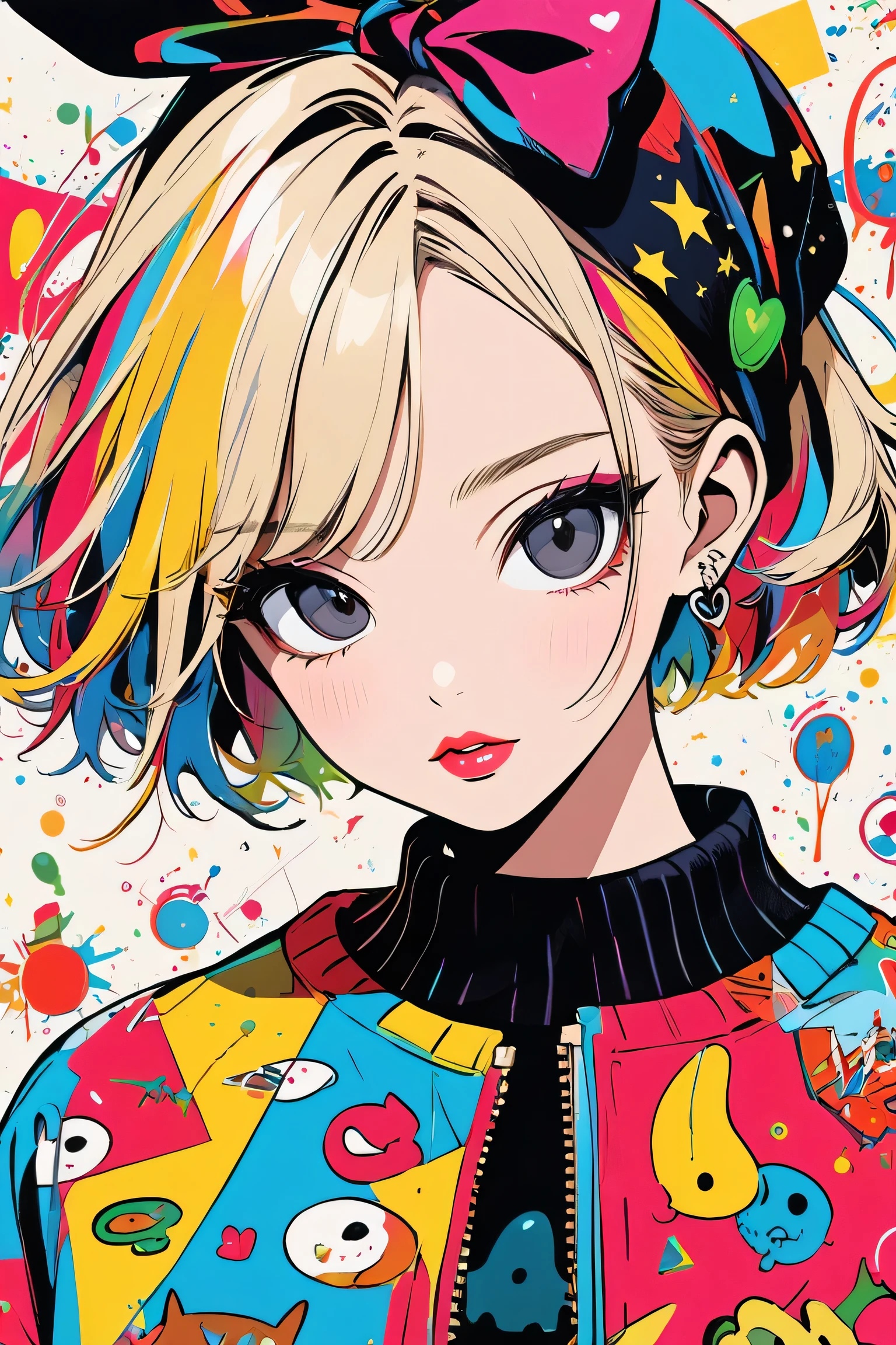 Ultra-realism Andy Warhol Basquiat colorful style, Simple Line Initialism,Abstract art,(((The most beautiful girl of all time))), Sweet face. Lips in love, stylish design, Dark Eyes, (((Holiday Room))), (((Cute amoeba)))