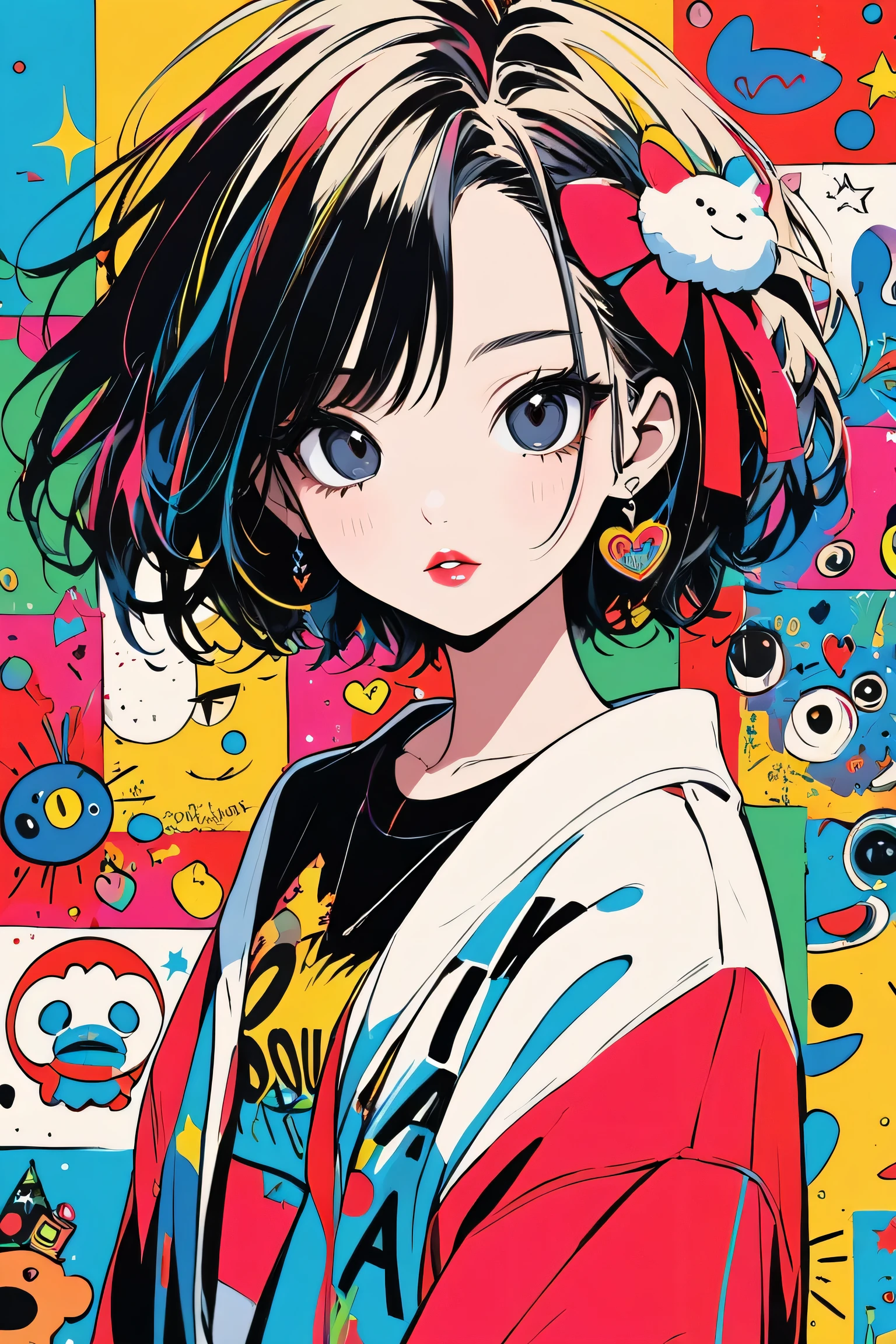 Ultra-realism Andy Warhol Basquiat colorful style, Simple Line Initialism,Abstract art,(((The most beautiful girl of all time))), Sweet face. Lips in love, stylish design, Dark Eyes, (((Holiday Room))), (((Cute amoeba)))