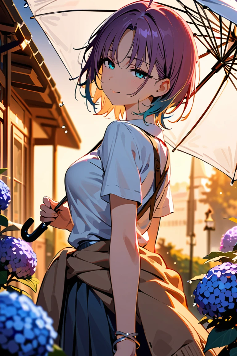  (8k, RAW photo, best quality, masterpiece:1.2), high quality, ultra high definition, (extremely detailed wallpaper), (sharp focus:1.5), crisp details, rich colors, vibrant details, intricate details, BREAK (beautiful detailed face:1.5), t_asakura, darkness, 1girl, ahoge, bag, blue flower, bracelet, cardigan, cardigan around waist, clothes around waist, flower, gradient hair, holding, holding umbrella, hydrangea, jewelry, light purple hair, light smile, looking at viewer, looking back, multicolored hair, outdoors, parted bangs, rain, school bag, school uniform, shirt, solo, stairs, transparent, transparent umbrella, umbrella, umbrella over shoulder, water drop, white shirt, aqua eyes, very aesthetic, absurdres, (beautiful eyes:1.5), meticulous eyelash details, BREAK flowing hair, BREAK soft lighting, cinematic, looking at viewer, outdoors, (medium breasts:1.3), shiny skin, (half closed eyes:1.3), BREAK soft lighting, cinematic,  (from behind:1.3), looking back, (tighter framing:1.5), Natural posing,