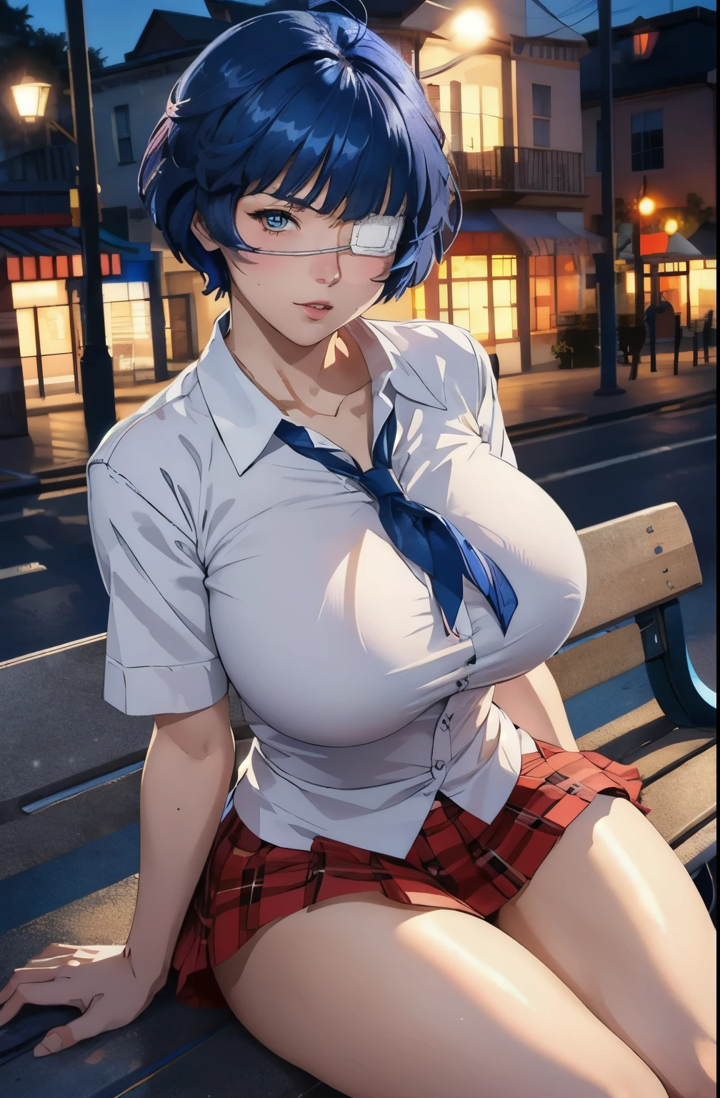 he-he-he®, (Remu Shimei, 1 girl, beautiful detailed eyes, beautiful detailed lips, extremely detailed eyes and face, long eyelashes, blue hair, short hair, (eyepatch: 1,2), blush), 1 girl,  mature woman, Beautiful Body, Beautiful nose,  Beautiful character design , beautiful eyes, perfect face, expressive eyes , looking at the viewer,  official art ,чрезвычайно подробные обои CG Unity 16k,  perfect lighting ,Colorful, bright_Front_face_Lighting fixtures,shiny skin, (masterpiece:1.0),(best_quality:1.0), сверх high resolution ,4K,  ultra-detailed , photo, 16K, HDR,  high resolution , absurdity:1.2,  blurred background, hips:1.2, lens glare, (bright_color:1.2), (Beautiful_face:1.5),(narrow_waist), full height, at full height,  Exquisite visual effects ,  high resolution , masterpiece, best quality, huge breasts, big breasts,  big breasts, big boobs, huge boobs, school uniform, red bow on the chest, blue skirt, white blouse, flushed face, Night park, moon, sitting on a bench, sits with legs spread, pink panties are visible  