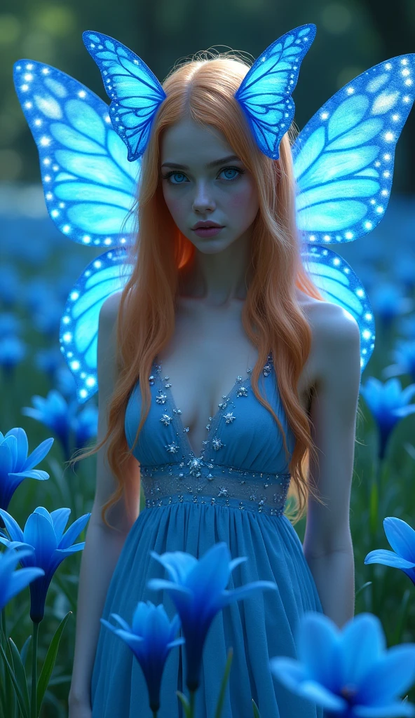 An adult fairy princess with long fiery orange hair, which is about 20 years old. She has blue eyes and blue-orange wings. She has a serious expression on her face.