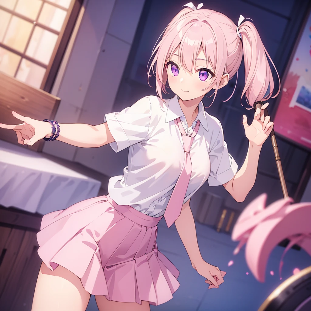 The girl has pink hair and school clothes dancing 
