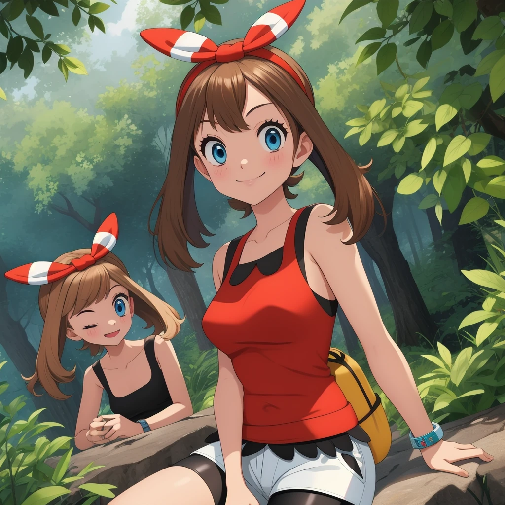 pkmnmay,  1 girl, Alone, blue eyes, Brown Hair, bangs,  Hair Ribbon, Red Hairband,  bow headband,
Red Shirt, Tank tops,  sleeveless , white shorts, black bike shorts, shorts under bike shorts, bracelet,
smile,Mouth closed, cowboy shot,Sitting,
forest,Outdoor,
(  insanely detailed ,  beautiful detailed face , masterpiece,  best quality) Cinema Lighting,