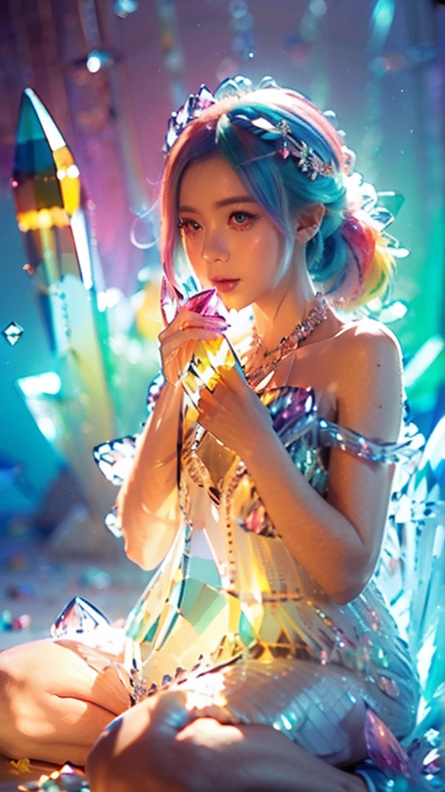 (Masterpiece), (Best quality), Extremely detailed, illustration, ((1girl)), (crystal dress),(colorful crystal),(colorful gradient hair:1.2), crystal headdress, crystal necklace, (body crystal), crystal shops, sitting posture,(colorful crystals),(transparent crystal),Crystal decoration, A crystal pendant,Crystal necklace,(colorfulhair:1.2),(Colorful dresses),High chiaroscuro, (huge crystal background), (colorful themes)