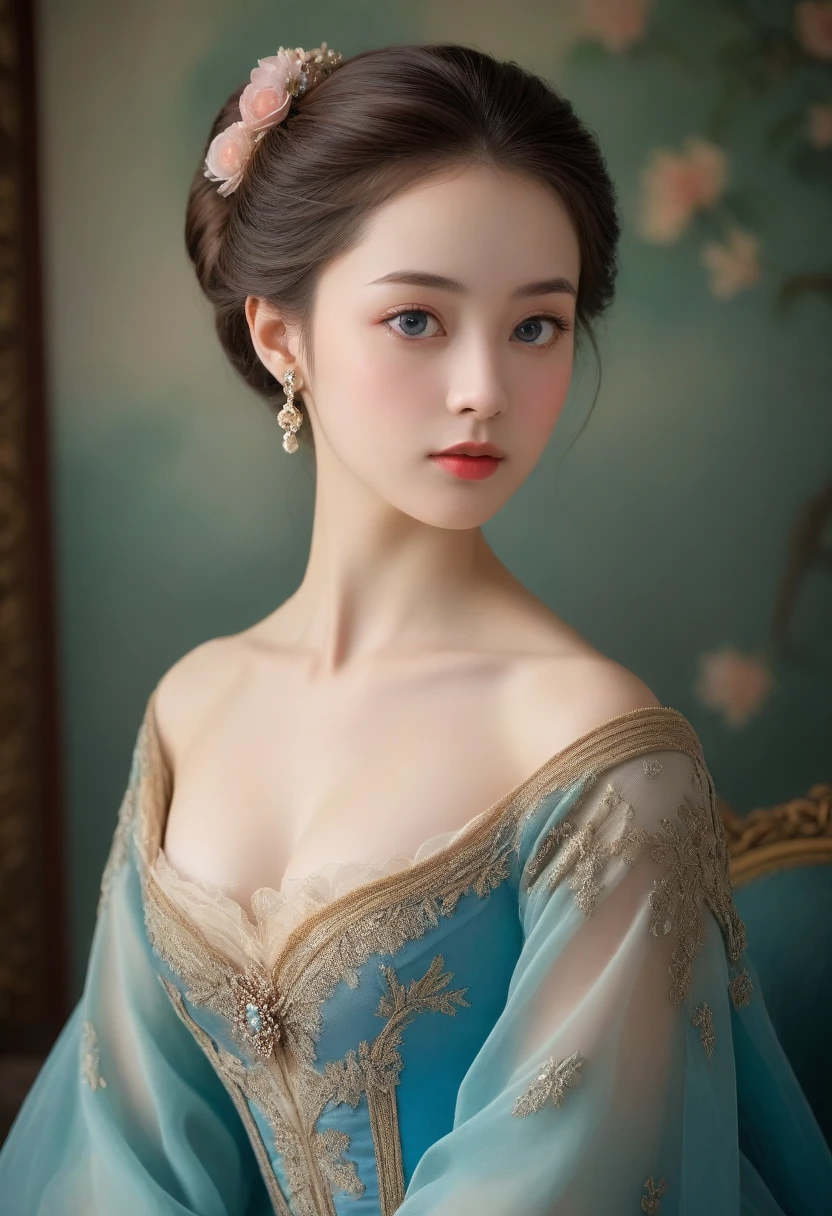 (high resolution,masterpiece:1.2),(Practical:1.37)"(best quality, high resolution, Extremely detailed, Practical),Beautiful portrait of a 19th century French ballerina, (She is of French and Japanese descent., She is a beautiful woman，Deep blue eyes and a high nose:1.1), Exquisite ballet costumes, Detailed facial features, Slender and graceful neck, Flowing long hair, Elegant Posture, Soft and delicate lighting, Oil painting medium, Vibrant colors, Subtle background with floral pattern"