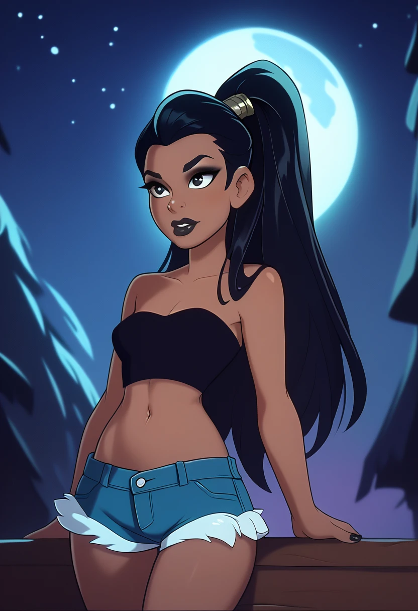  woman, long hair tied in a ponytail, light and dark black hair, small breasts, attractive, cute, dark makeup, black lips, (mini shorts, strapless mini top), bare navel, shapely body, thighs, big black eyes (serious expression), she is standing, the background is a starry night with the bright full moon in the sky.