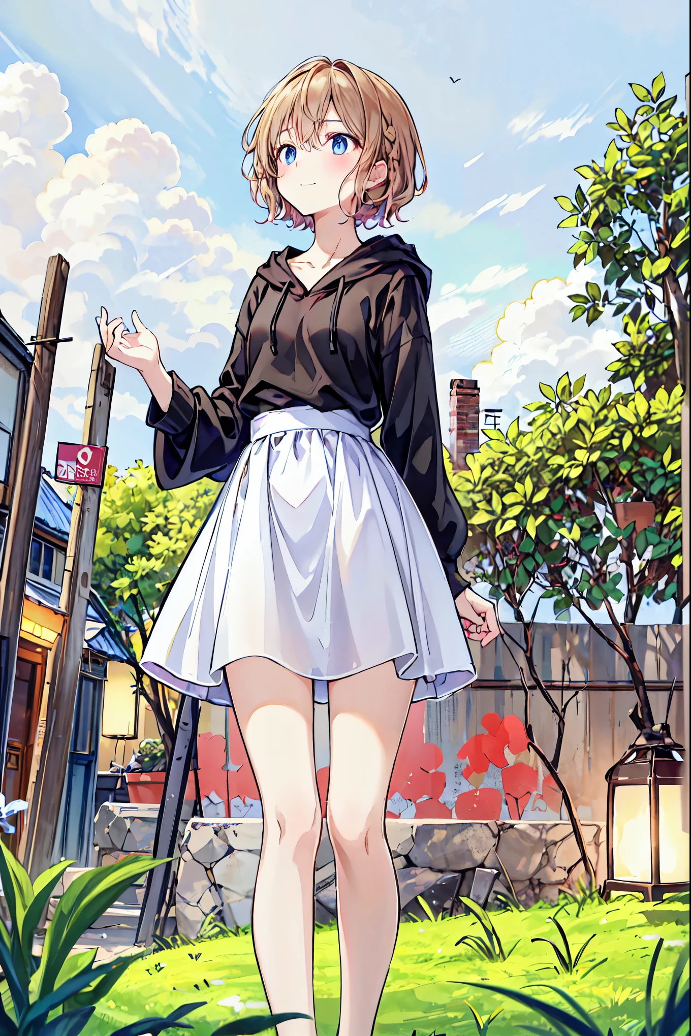 (( surprisingly absurd )),(masterpiece:1.2),超 High Resolution , Attention to Details, high quality, High Resolution , 最high quality, 4K, 8k、Girl with her back turned、 look up with the naked eye 、Night field、 is standing alone、Flying Lantern、Illuminate、Hope is the theme 、Composition viewed from below、short hair、 Black Hair 、 black hoodie 、White Skirt、Backlight、Brown Hair, shortcuts,Messy Hair,Short braided hair,Neat,Slender beauty,Correct posture,Small chest,Beautiful legs, Enchanting gray-blue eyes are shining like stars,Droopy eyes,Vibrant colors, beautiful eyes,A delicate smile,Textured Skin, best quality , gentle and beautiful woman ,Anime Style、